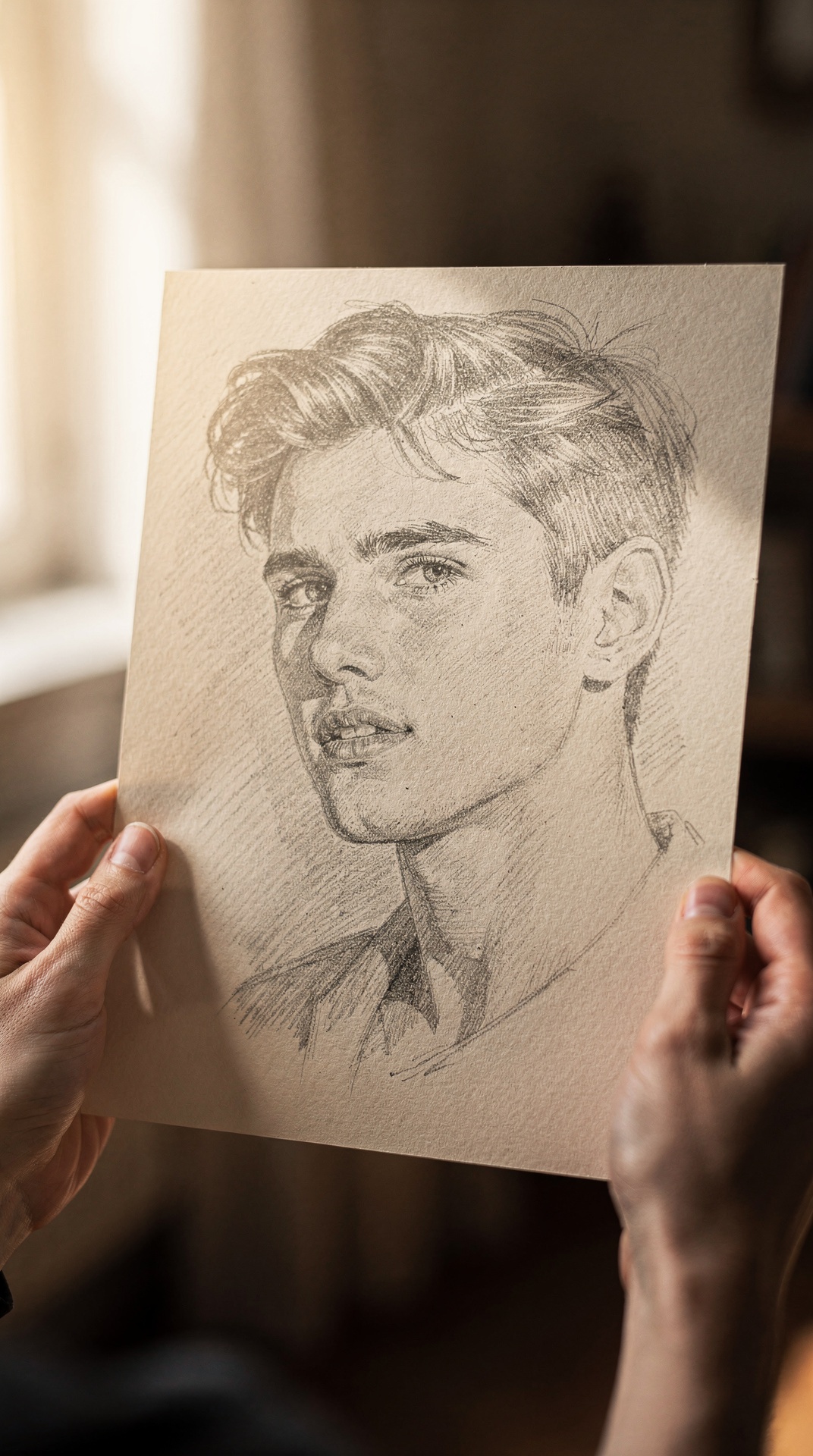 Hands holding a soulmate portrait sketch up to soft window light
